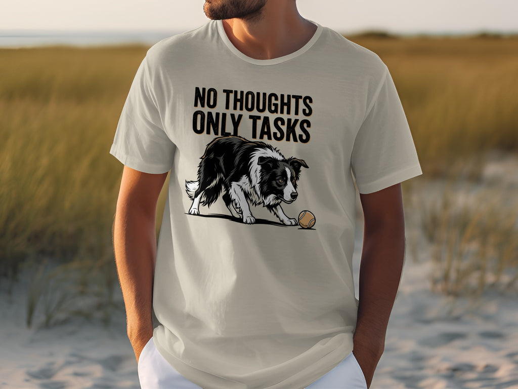 T-shirt with a dog and text "NO THOUGHTS ONLY TASKS".