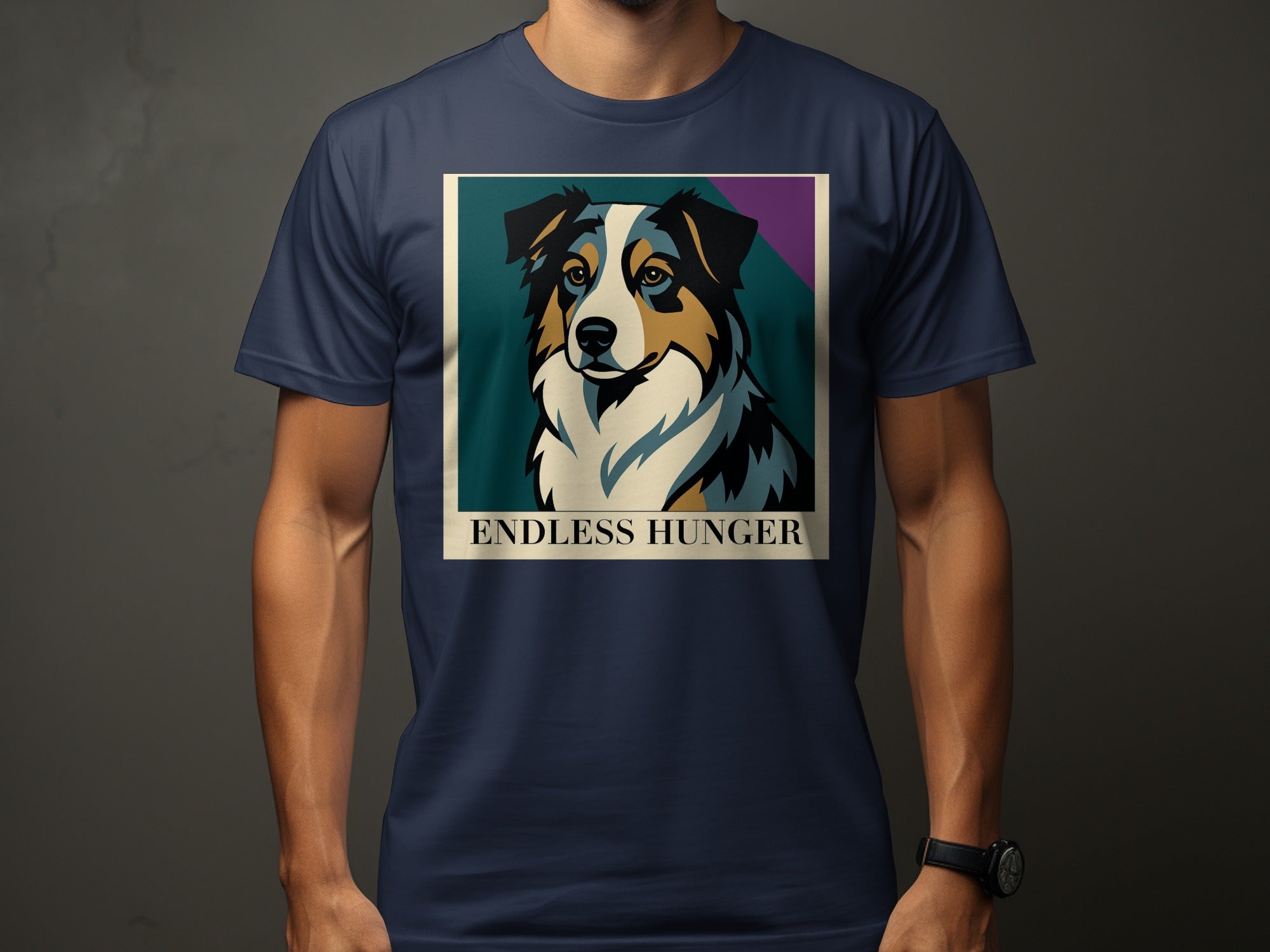 Dark blue t-shirt with a portrait of an Australian Shepherd and the text ENDLESS HUNGER.