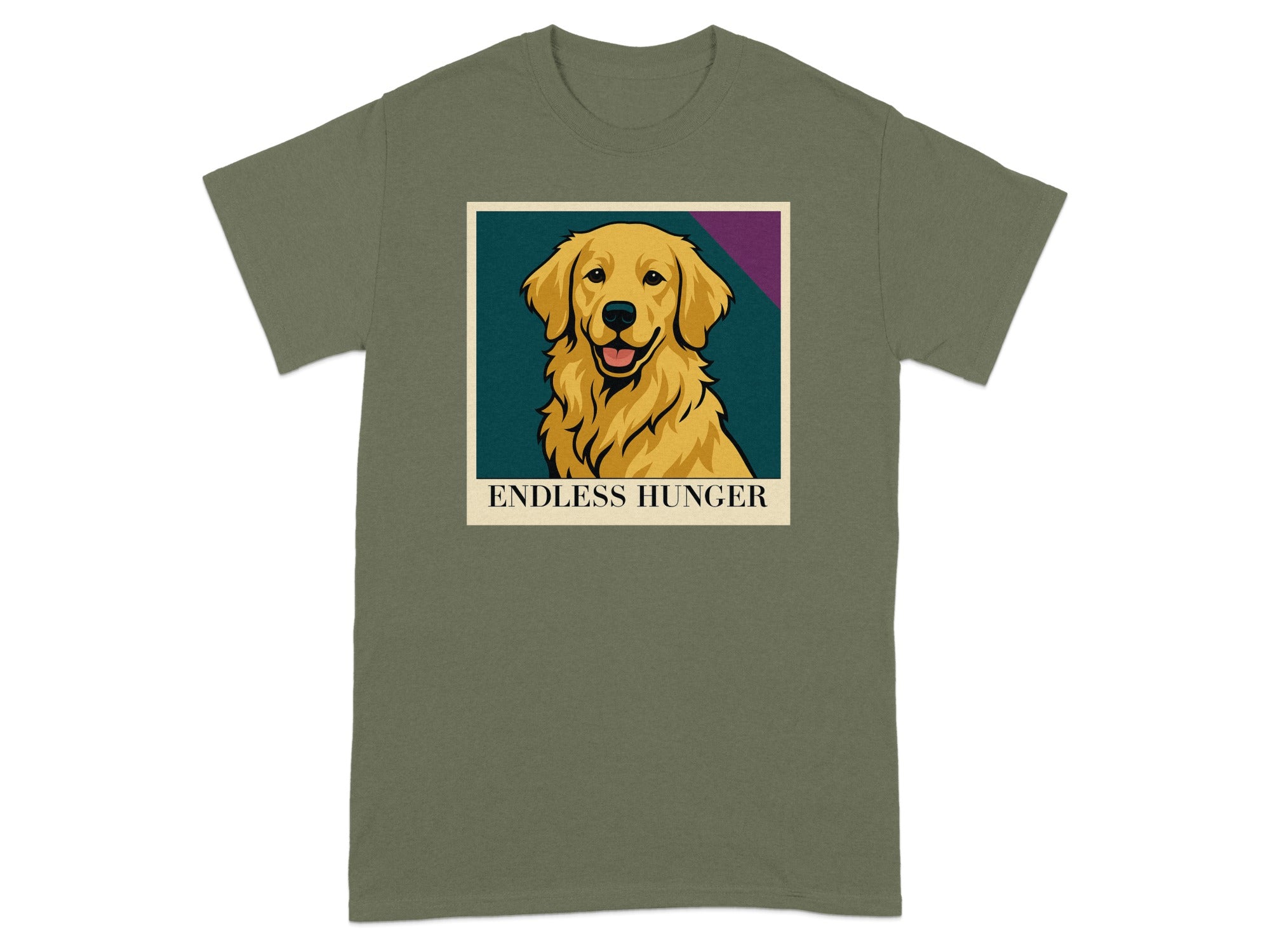 T-shirt with a portrait of a happy golden retriever and text "ENDLESS HUNGER".