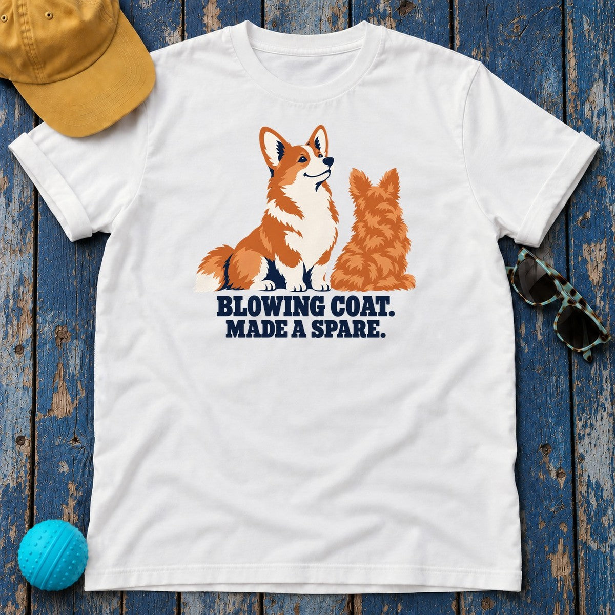 Blowing Coat Made A Spare Corgi T-Shirt in White