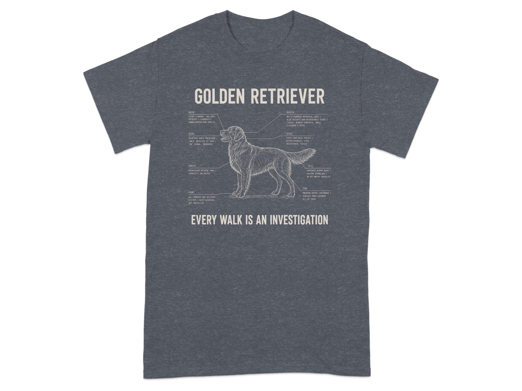 Golden Retriever anatomy with humorous labels about its senses and behaviors.