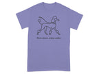 Purple t-shirt with a line drawing of a poodle and text: "Slow down, enjoy walks".