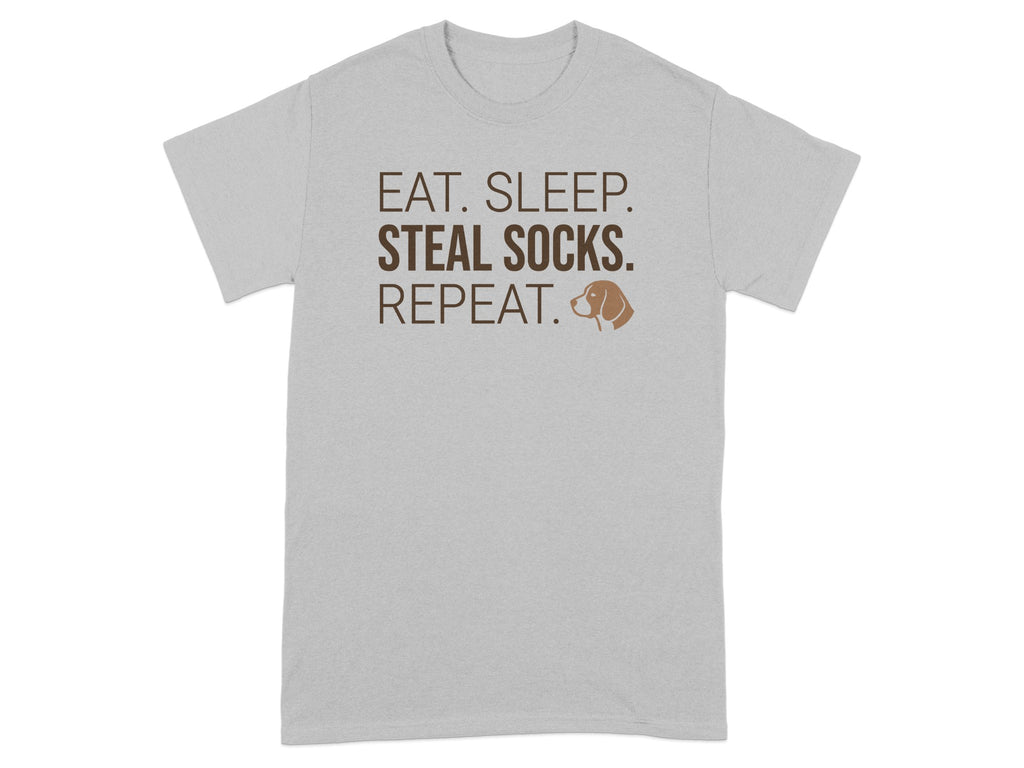 Grey t-shirt with "EAT. SLEEP. STEAL SOCKS. REPEAT." and dog icon.