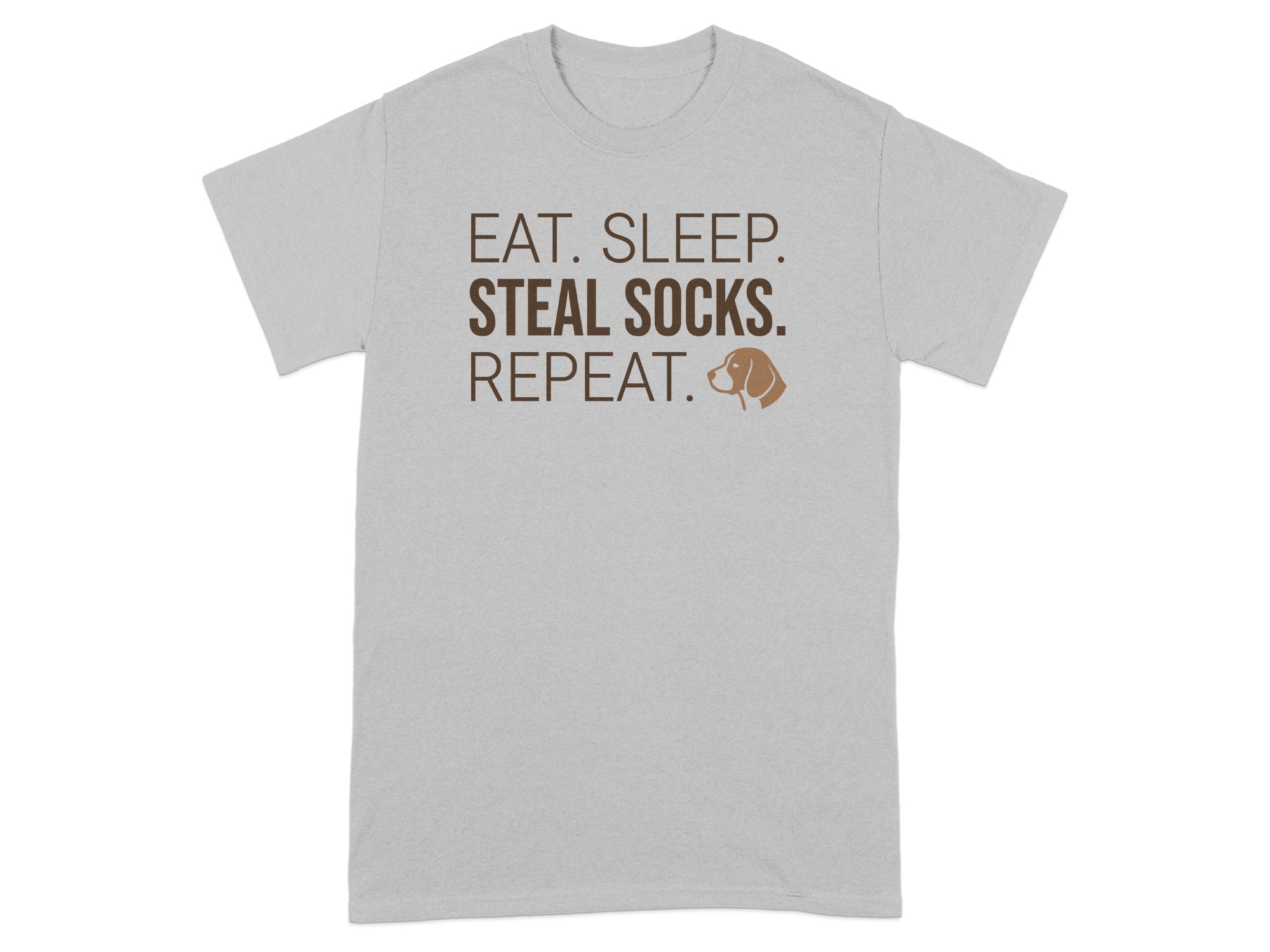 Grey t-shirt with "EAT. SLEEP. STEAL SOCKS. REPEAT." and dog icon.
