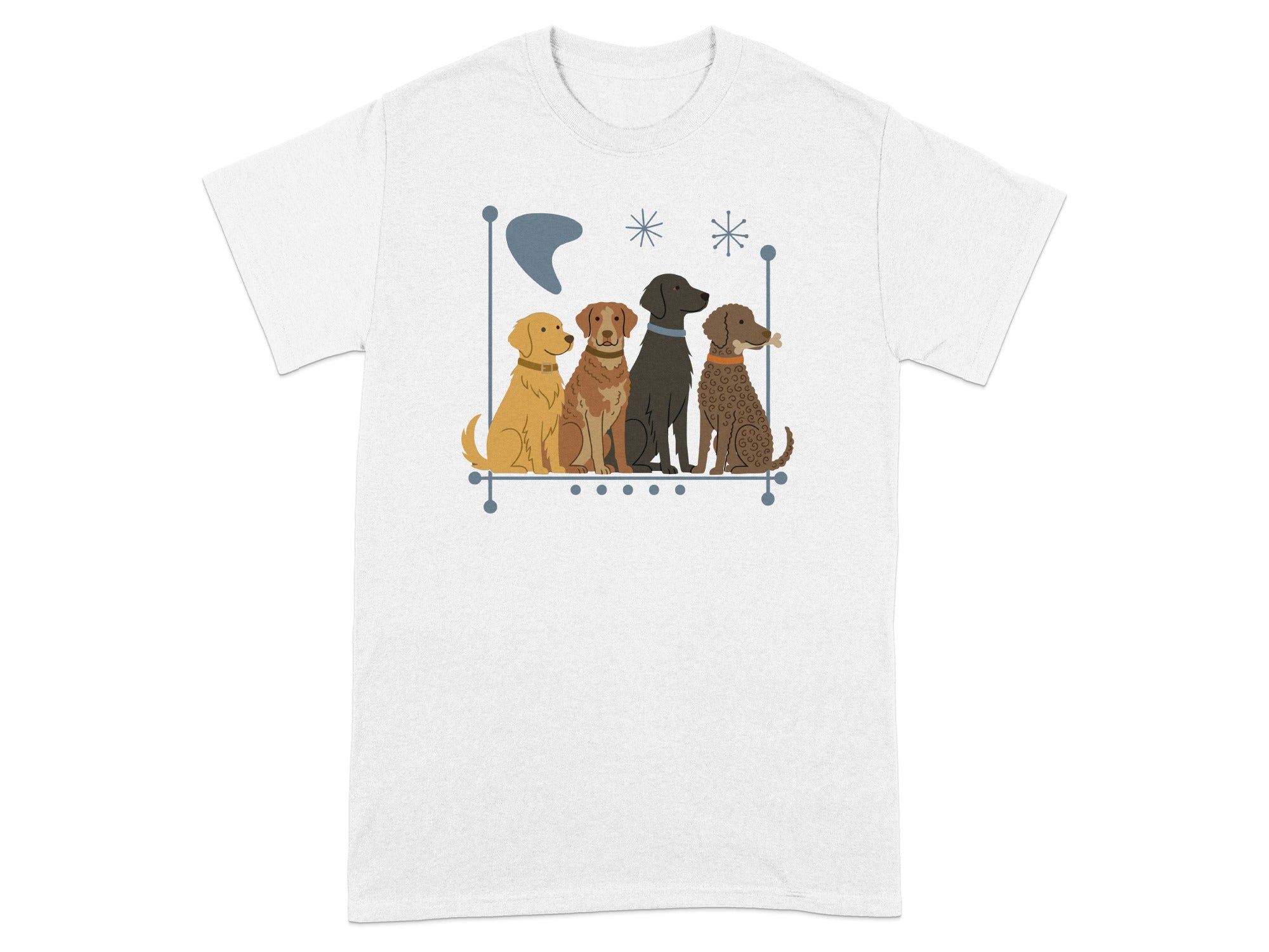 Four dogs of different breeds and colors sitting in a row on a light blue shelf.