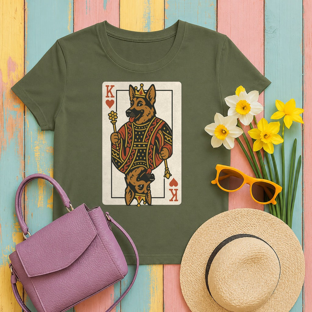 King German Shepherd Playing Card Game Design T-Shirt in Military Green
