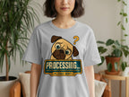 Gray t-shirt with a confused pug and text "PROCESSING... PLEASE WAIT."