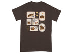 Dachshund illustrations in frames on a brown t-shirt.