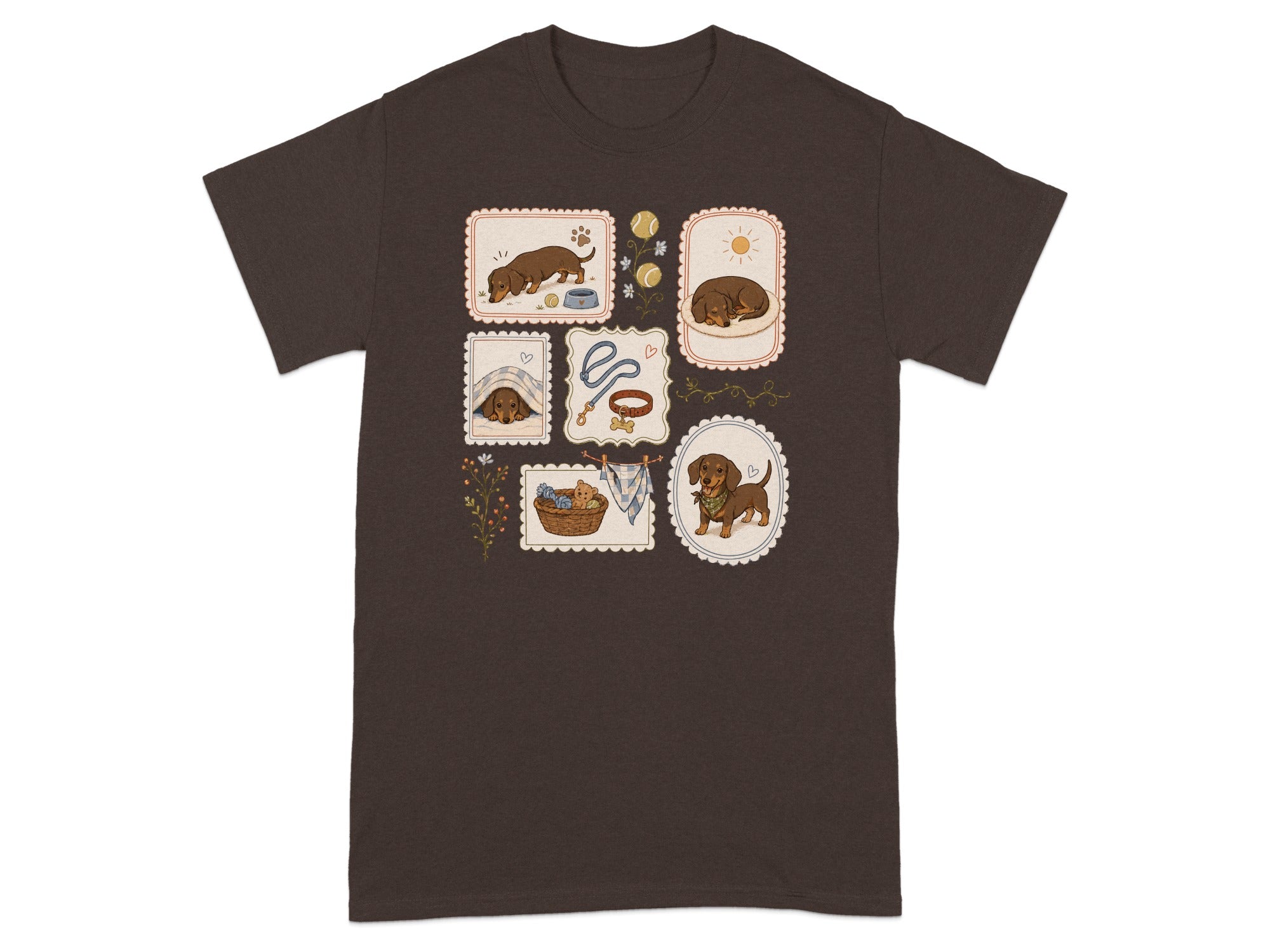 Dachshund illustrations in frames on a brown t-shirt.