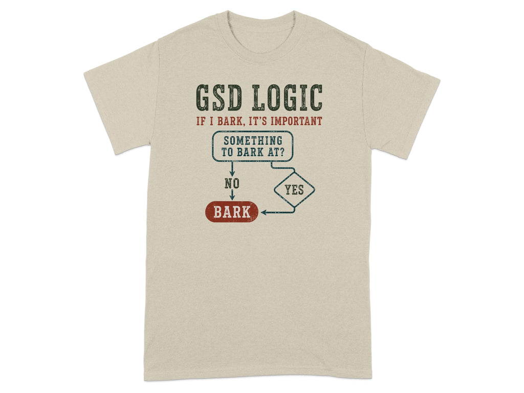 T-shirt with "GSD LOGIC" flowchart about barking.