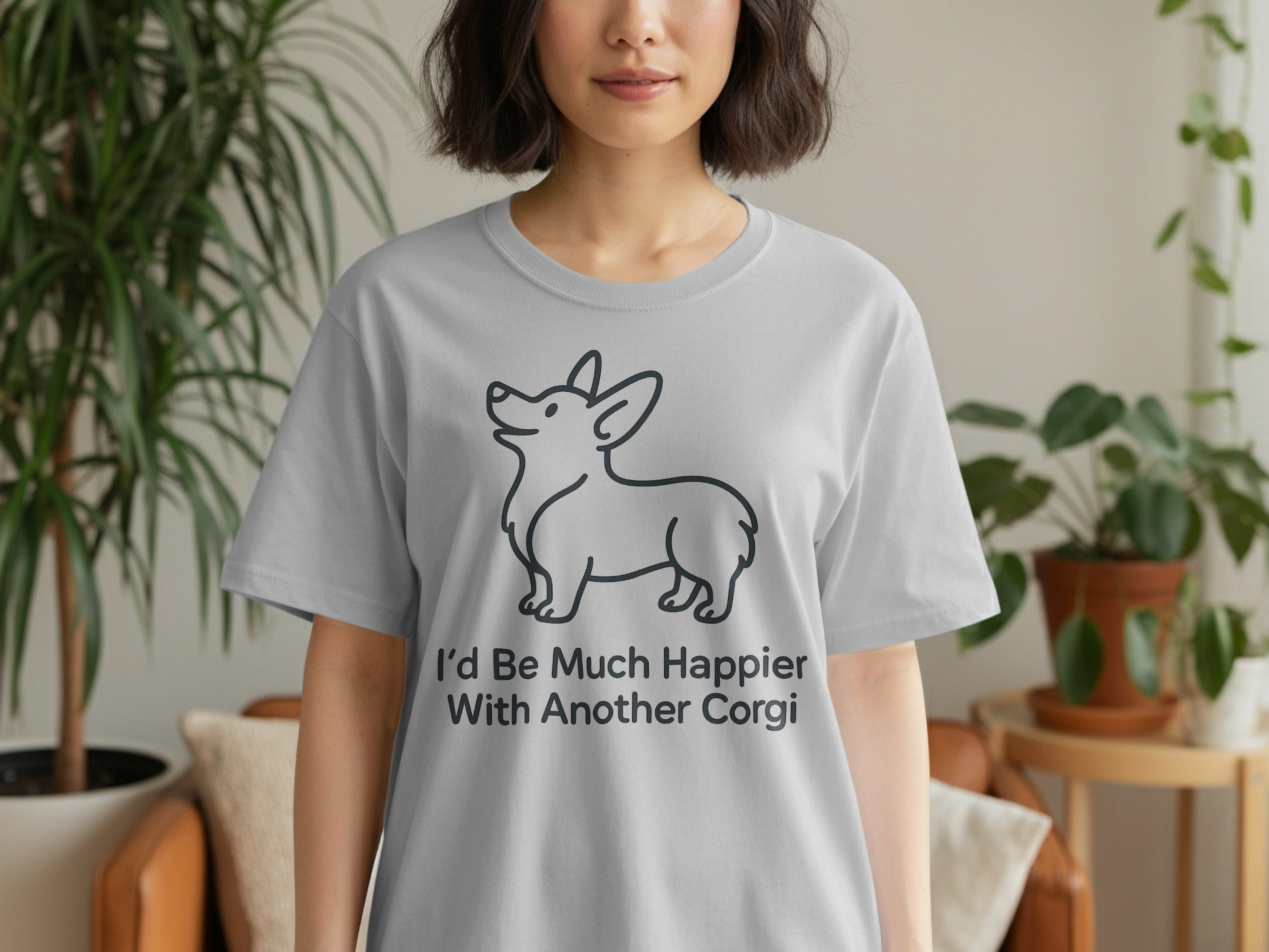 Grey t-shirt with a Corgi graphic and text: "I'd Be Much Happier With Another Corgi."
