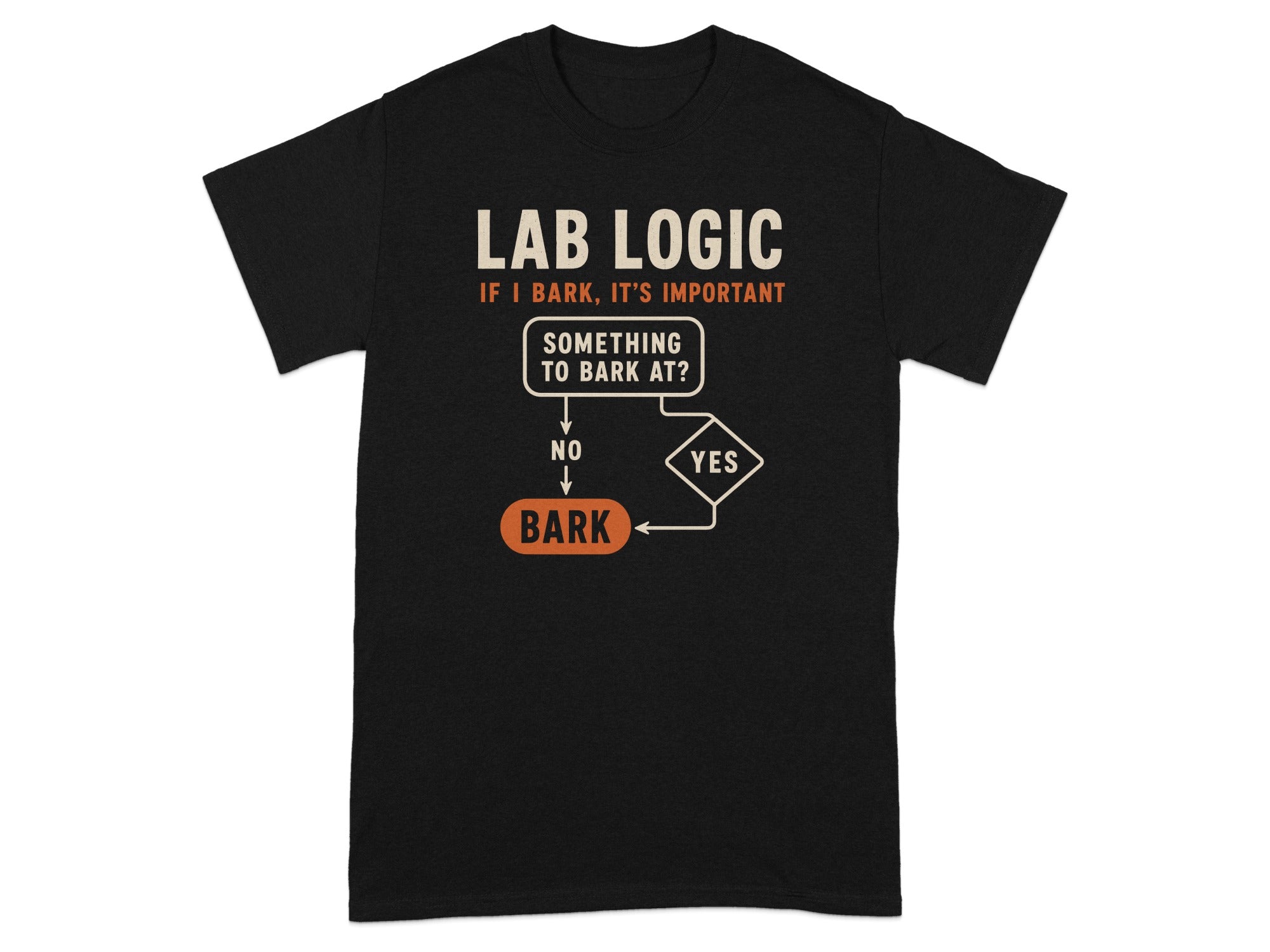 Black t-shirt with "Lab Logic" flowchart about barking.