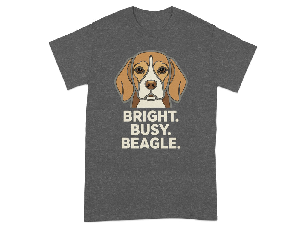 Dark grey t-shirt with Beagle illustration and text "BRIGHT. BUSY. BEAGLE."