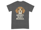 Dark grey t-shirt with Beagle illustration and text "BRIGHT. BUSY. BEAGLE."