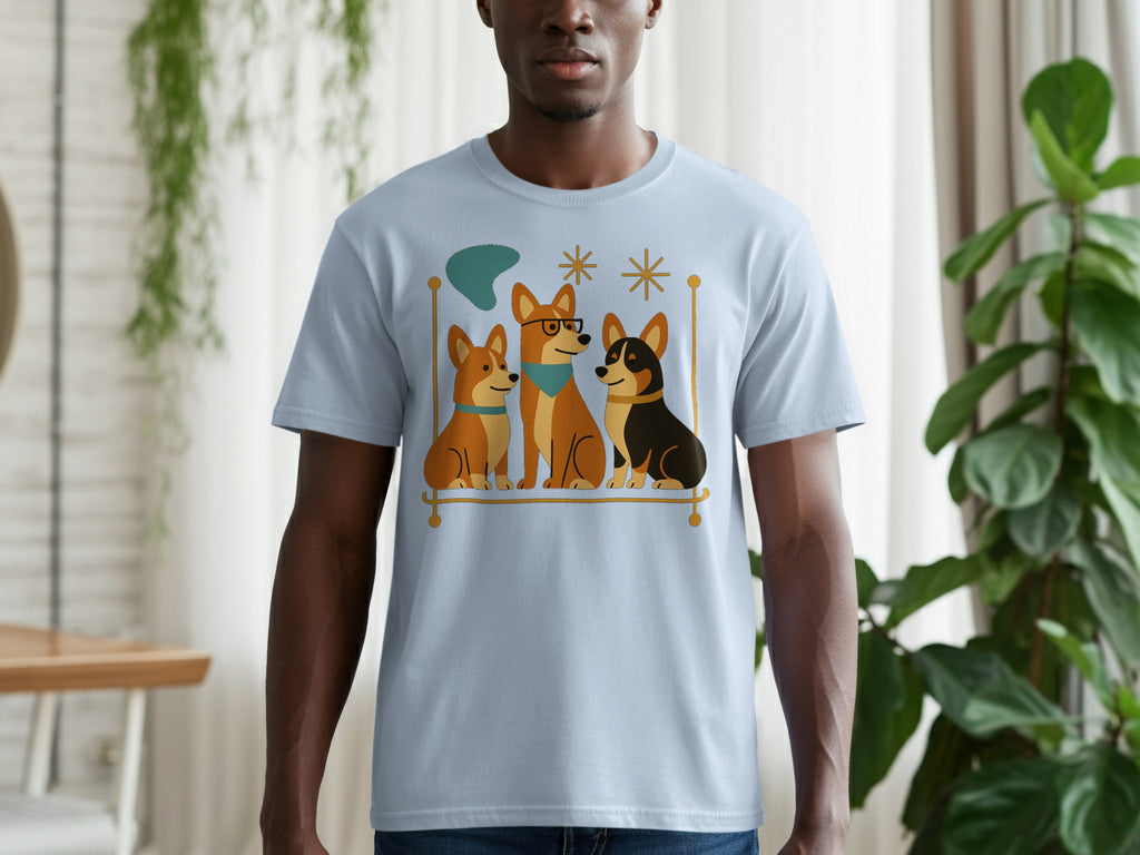 Light blue t-shirt with graphic of three cartoon dogs sitting on a shelf.