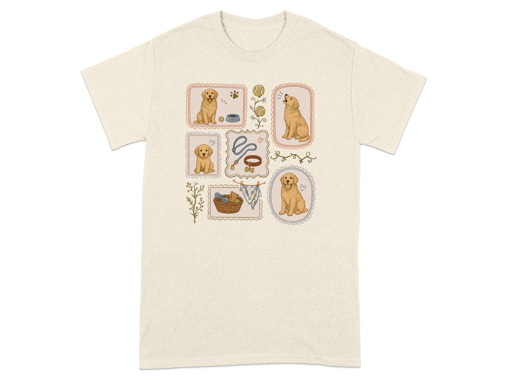 Framed illustrations of golden retriever puppies in various playful poses.