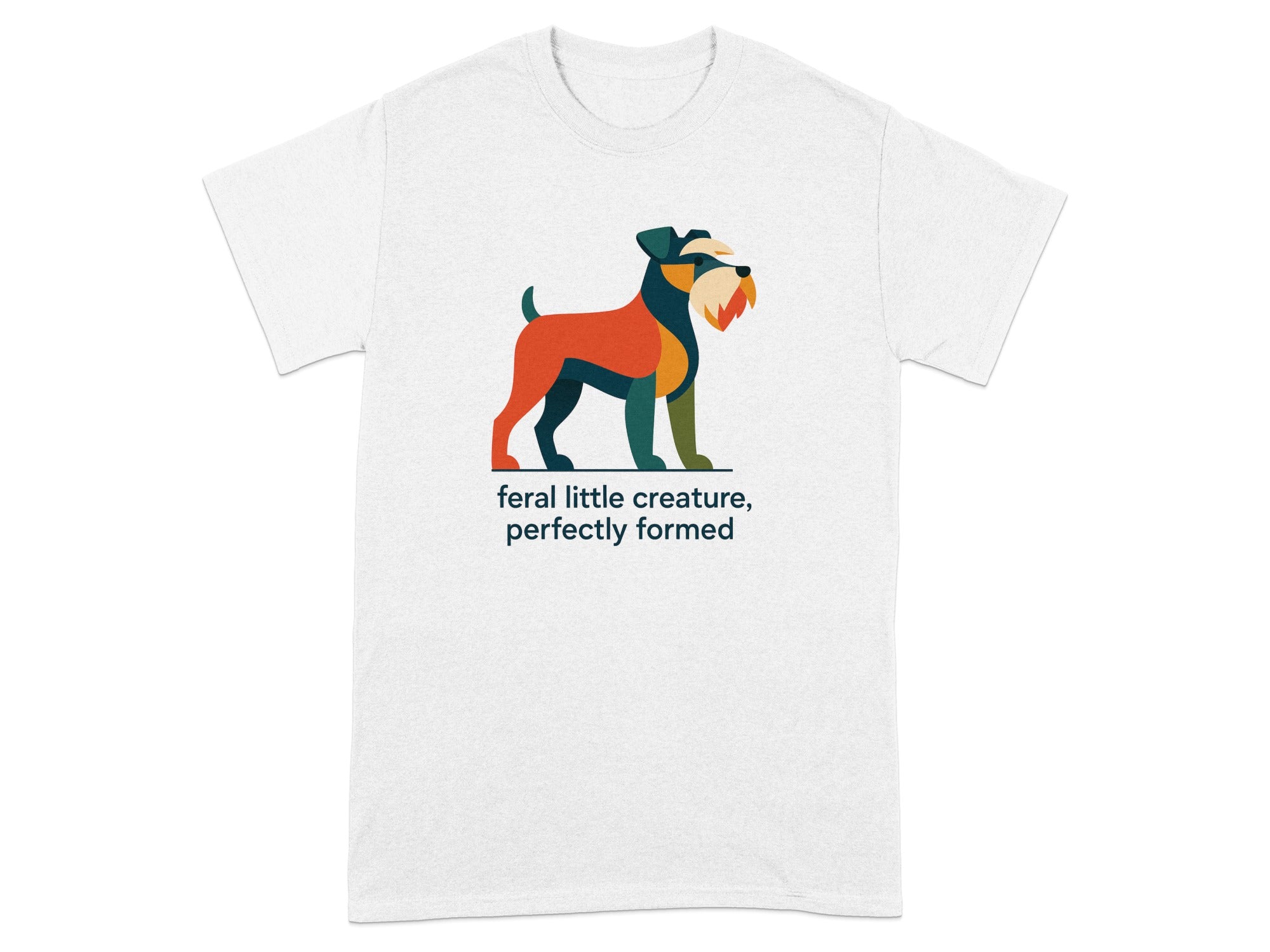 White t-shirt with a colorful abstract dog illustration and text.