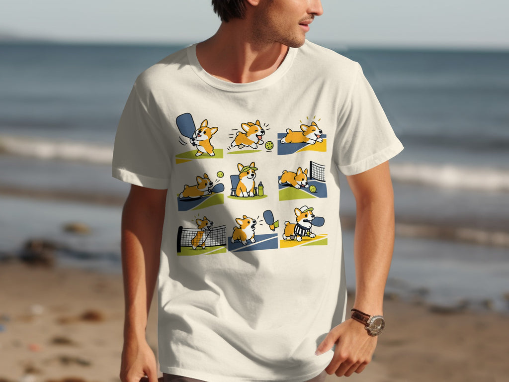 White t-shirt with a graphic of a corgi playing pickleball in multiple scenes.