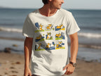 White t-shirt with a graphic of a corgi playing pickleball in multiple scenes.