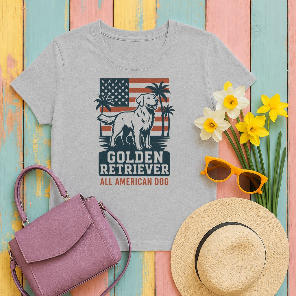 Golden Retriever All American Dog with Flag and Palms T-Shirt in Sport Grey