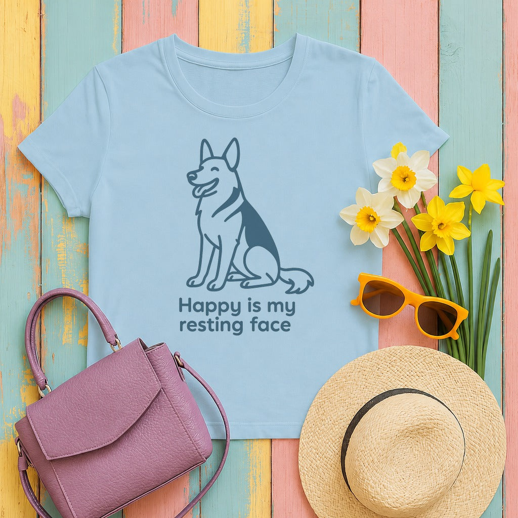 Happy Is My Resting Face - Funny German Shepherd T-shirt in Light Blue