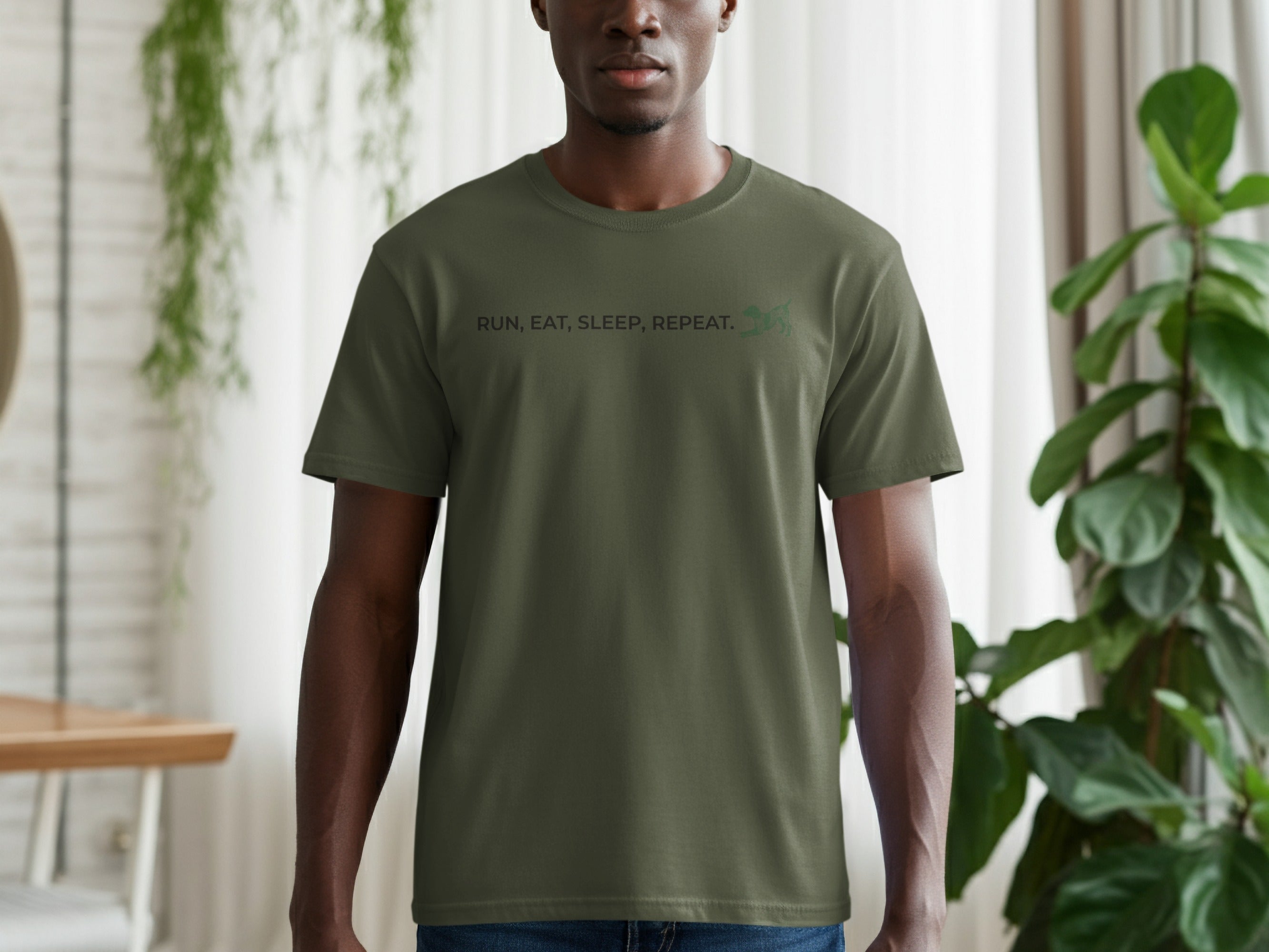 Green t-shirt with "RUN, EAT, SLEEP, REPEAT." text.