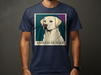 Navy t-shirt with a cream border graphic of a yellow lab and text, "ENDLESS HUNGER".