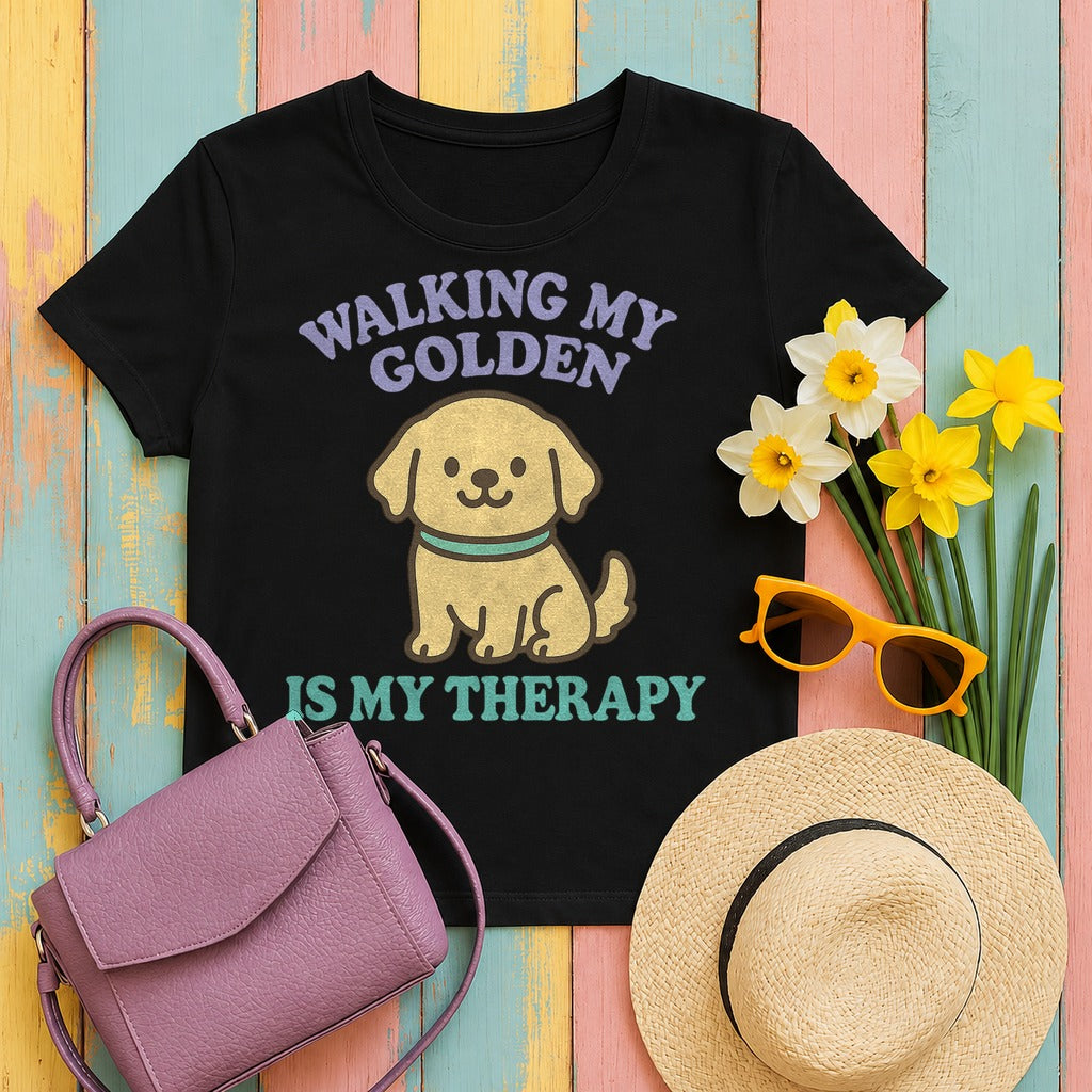 Walking My Golden Kawaii T-Shirt in Black