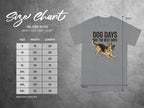 Gildan 5000 size chart for heavy cotton t-shirts with dog graphic.