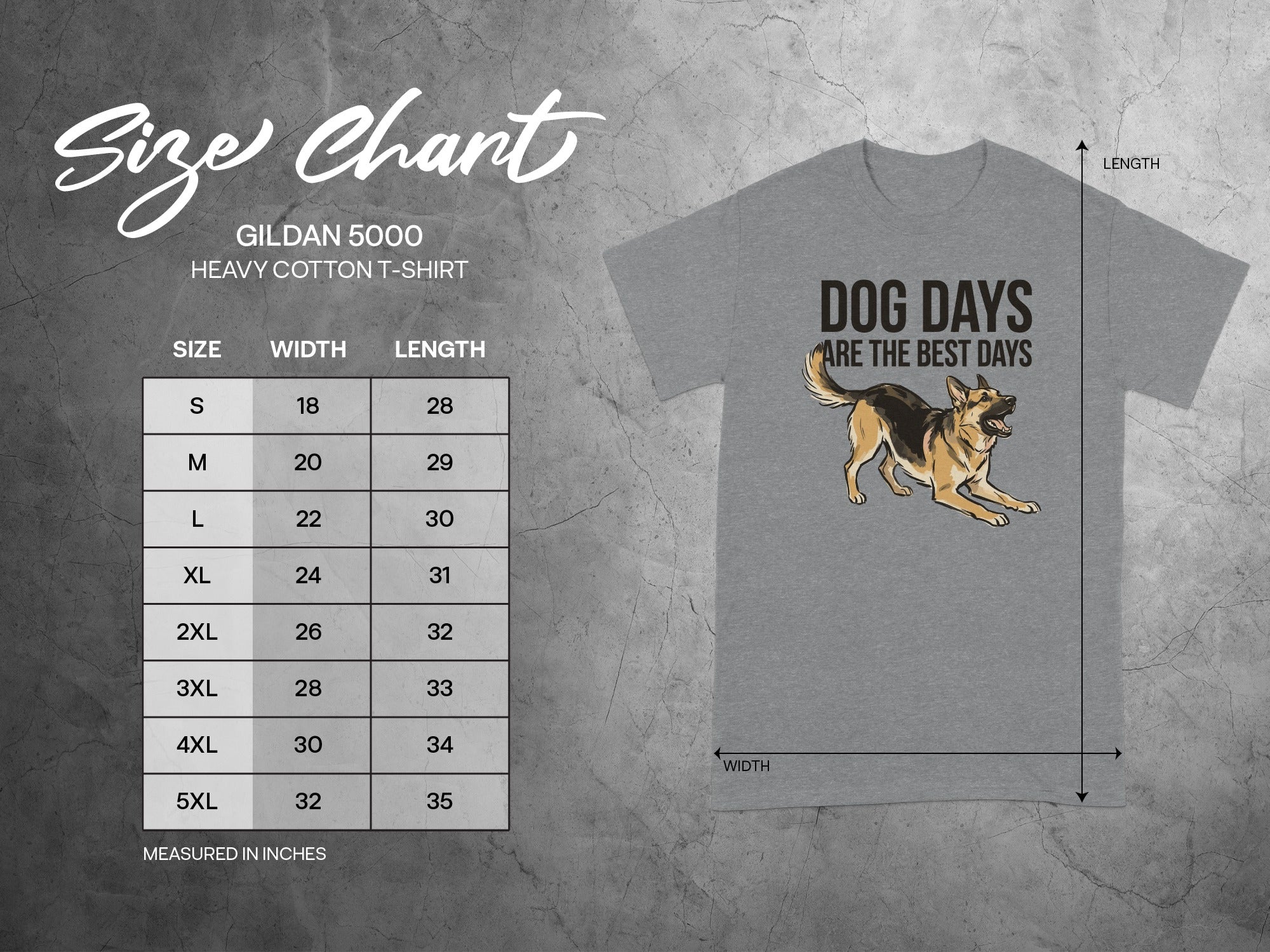 Gildan 5000 size chart for heavy cotton t-shirts with dog graphic.