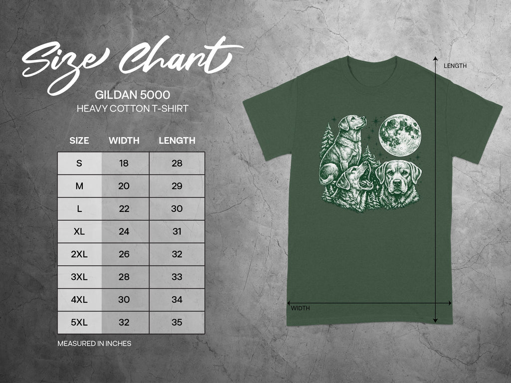 Size chart for Gildan 5000 Heavy Cotton T-shirt with dog and moon graphic.