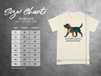 Gildan 5000 size chart with measurements for a t-shirt featuring a dog graphic.