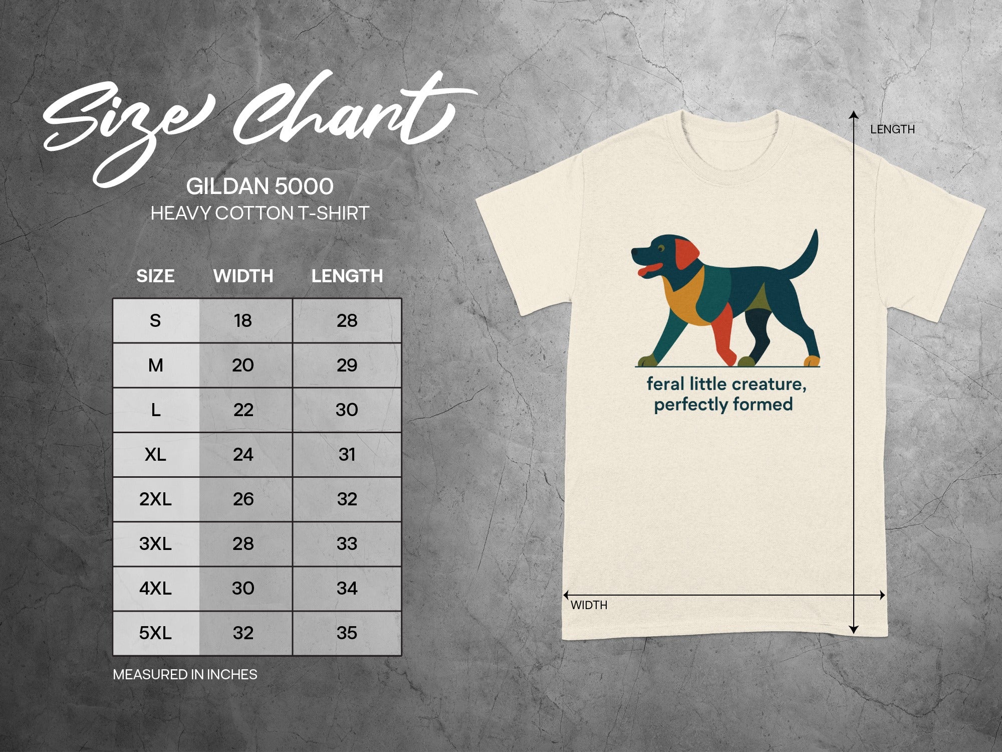 Gildan 5000 size chart with measurements for a t-shirt featuring a dog graphic.