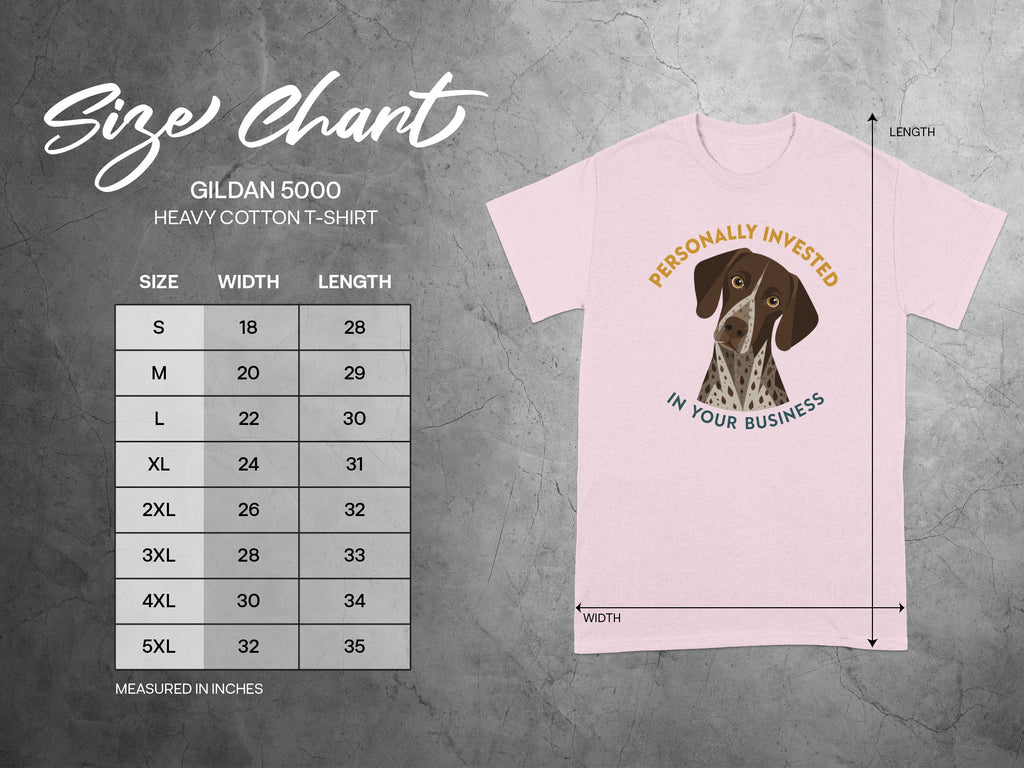 Gildan 5000 t-shirt size chart with "Personally Invested in Your Business" graphic.