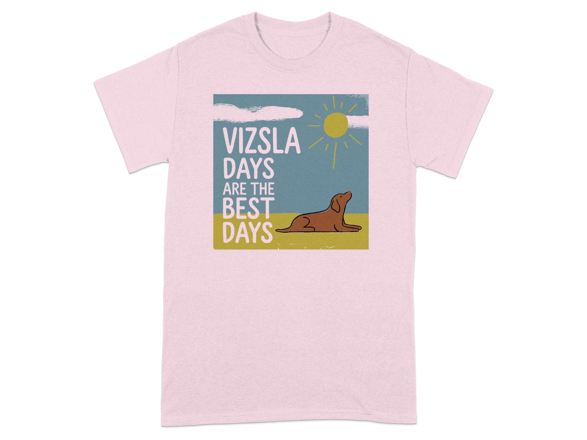 Pink t-shirt with a Vizsla dog lying down under a sun and clouds graphic.