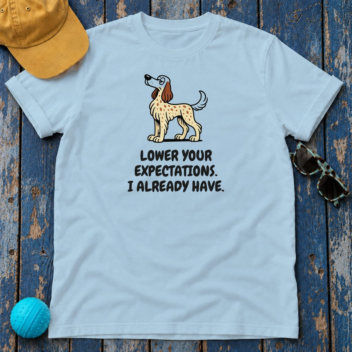 English Setter Lower Your Expectations Tee in Light Blue