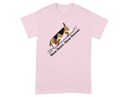 Pink t-shirt with a beagle sniffing the ground and text "Nose Down. Gone Forever."