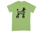 Black poodle silhouette with the word "POODLE" inside its body on a light green t-shirt.