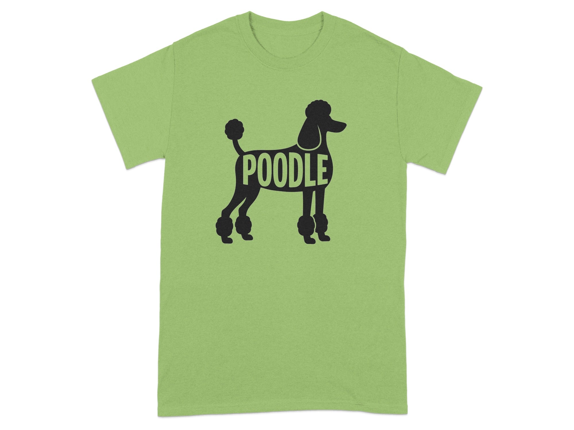 Black poodle silhouette with the word "POODLE" inside its body on a light green t-shirt.