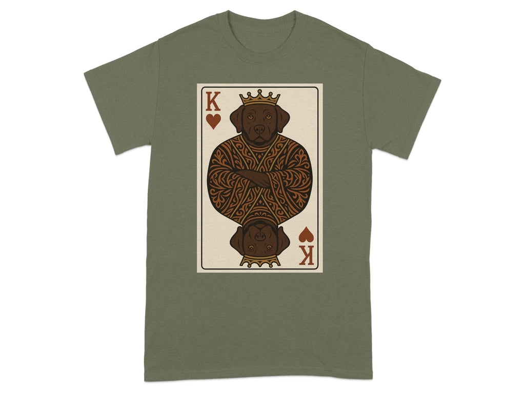 T-shirt with King of Hearts playing card graphic featuring a brown dog.