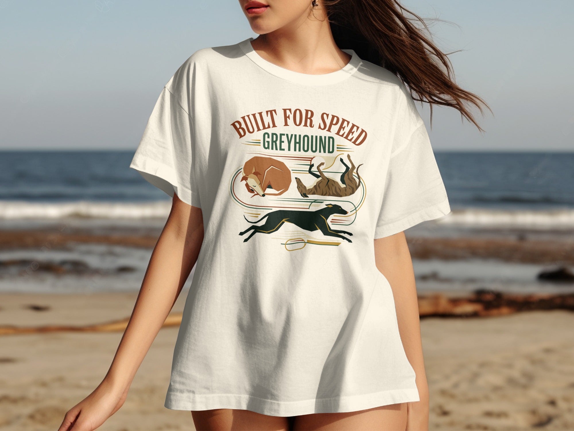 White t-shirt with "Built for Speed Greyhound" and two greyhounds running and sleeping.