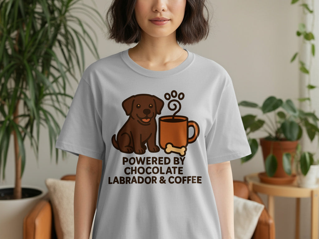 Grey t-shirt with cartoon dog, coffee cup, bone, and text "POWERED BY CHOCOLATE LABRADOR & COFFEE".