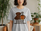 Grey t-shirt with cartoon dog, coffee cup, bone, and text "POWERED BY CHOCOLATE LABRADOR & COFFEE".