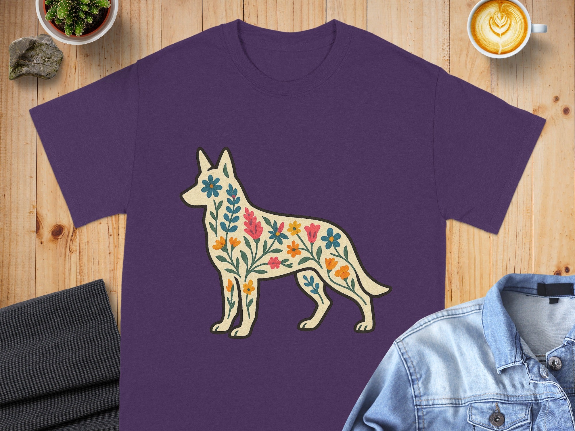 Artistic Floral Dog Design Purple Shirt