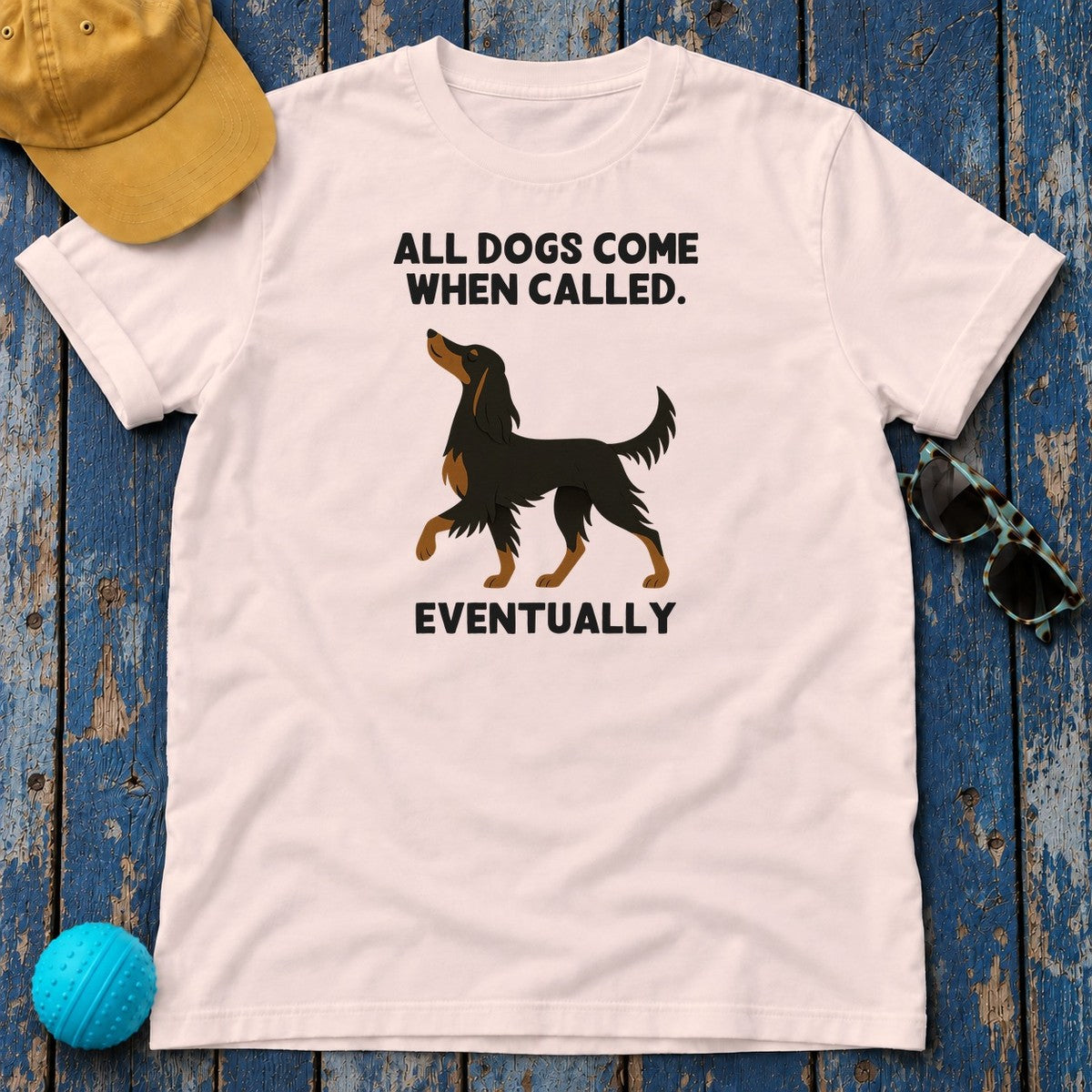 Gordon Setter Comes When Called Eventually Tee in Soft Pink