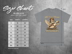 Gildan 5000 size chart for a t-shirt with a dog riding a goose graphic.