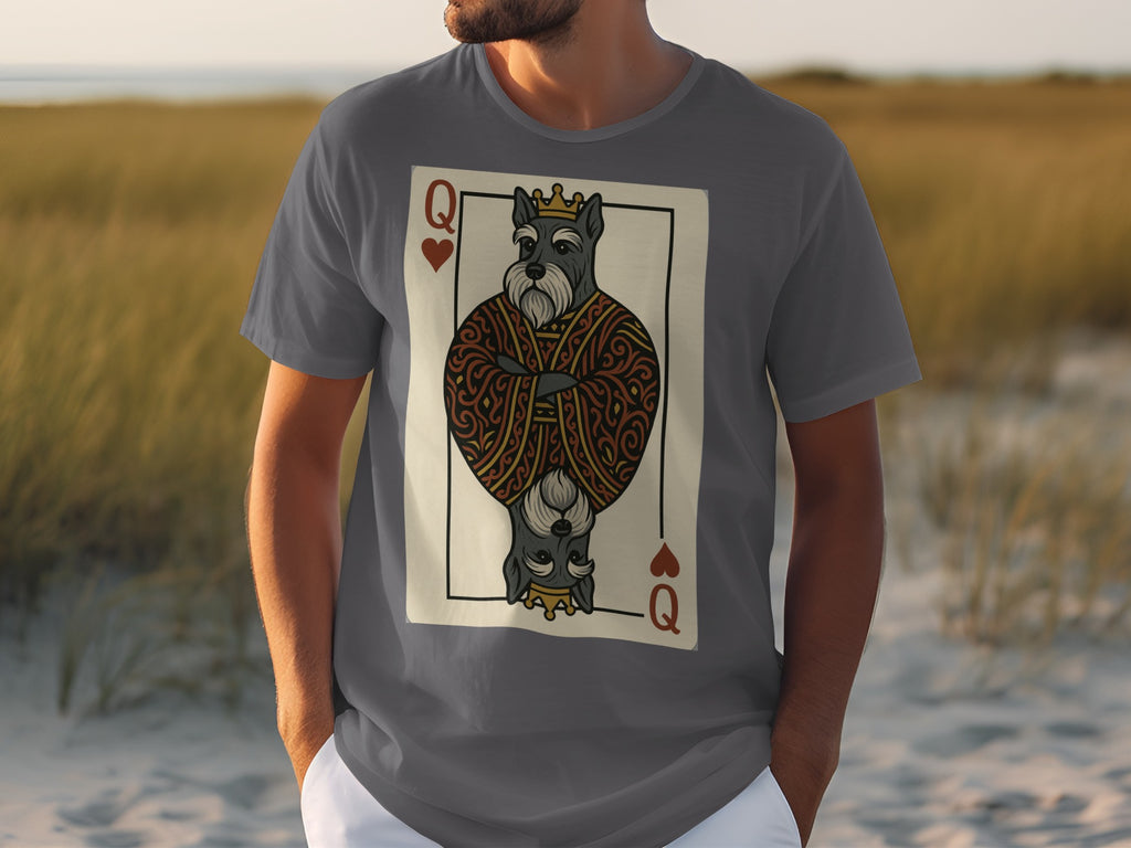 Grey t-shirt with playing card graphic of a crowned schnauzer in fancy robe.