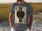 Grey t-shirt with playing card graphic of a crowned schnauzer in fancy robe.