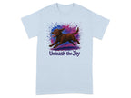 Brown dog running with colorful paint splatters and text "Unleash the Joy".