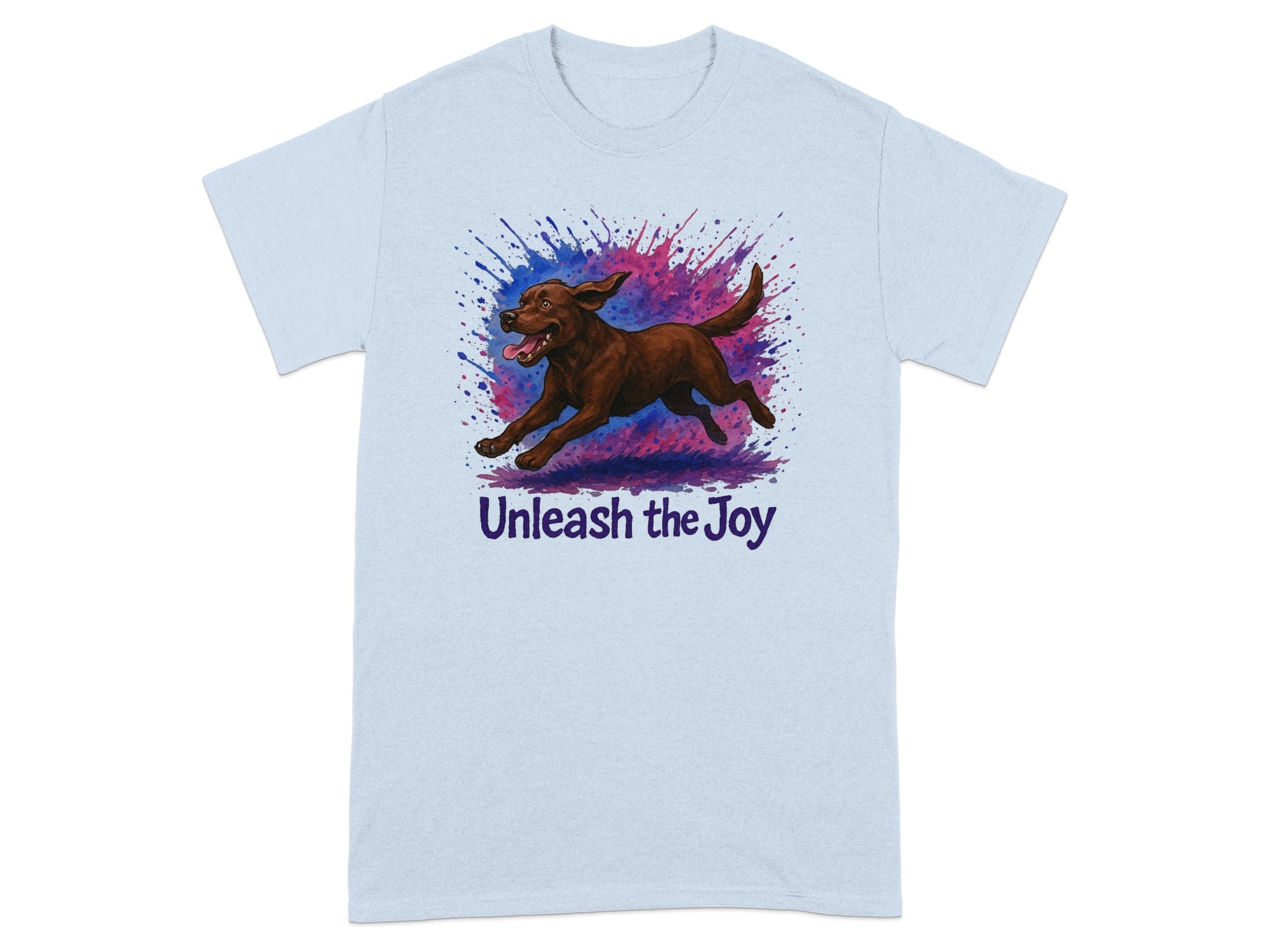 Brown dog running with colorful paint splatters and text "Unleash the Joy".